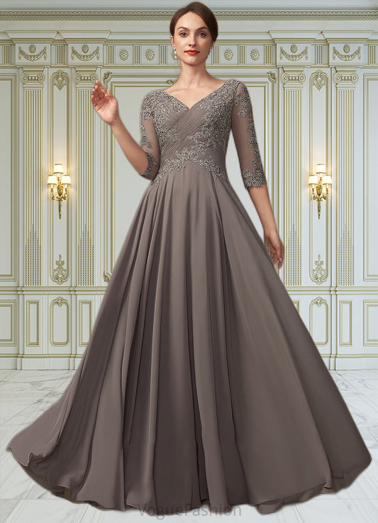 Caroline A-Line V-neck Floor-Length Chiffon Lace Mother of the Bride Dress With Beading Sequins DK126P0014876