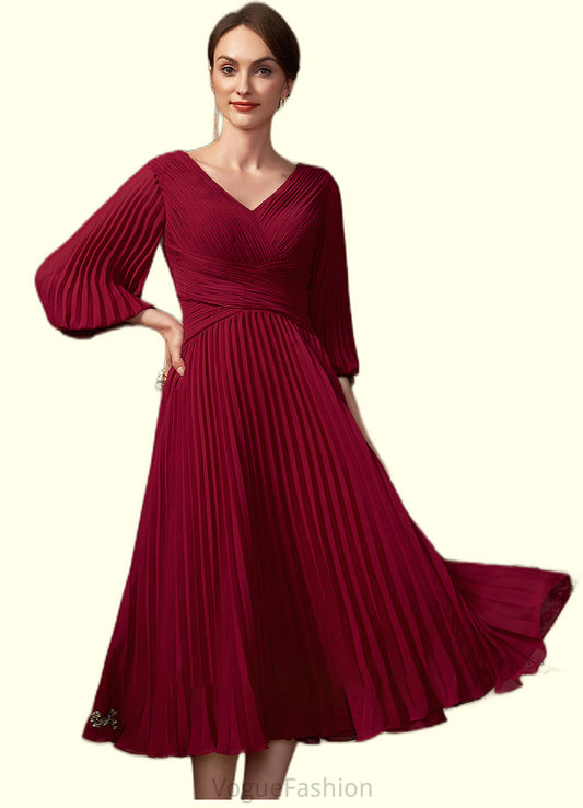 Aiyana A-Line V-neck Tea-Length Chiffon Mother of the Bride Dress With Pleated DK126P0014878