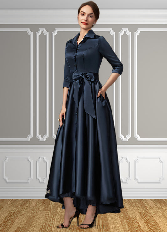 Val A-Line V-neck Asymmetrical Satin Mother of the Bride Dress With Bow(s) Pockets DK126P0014879