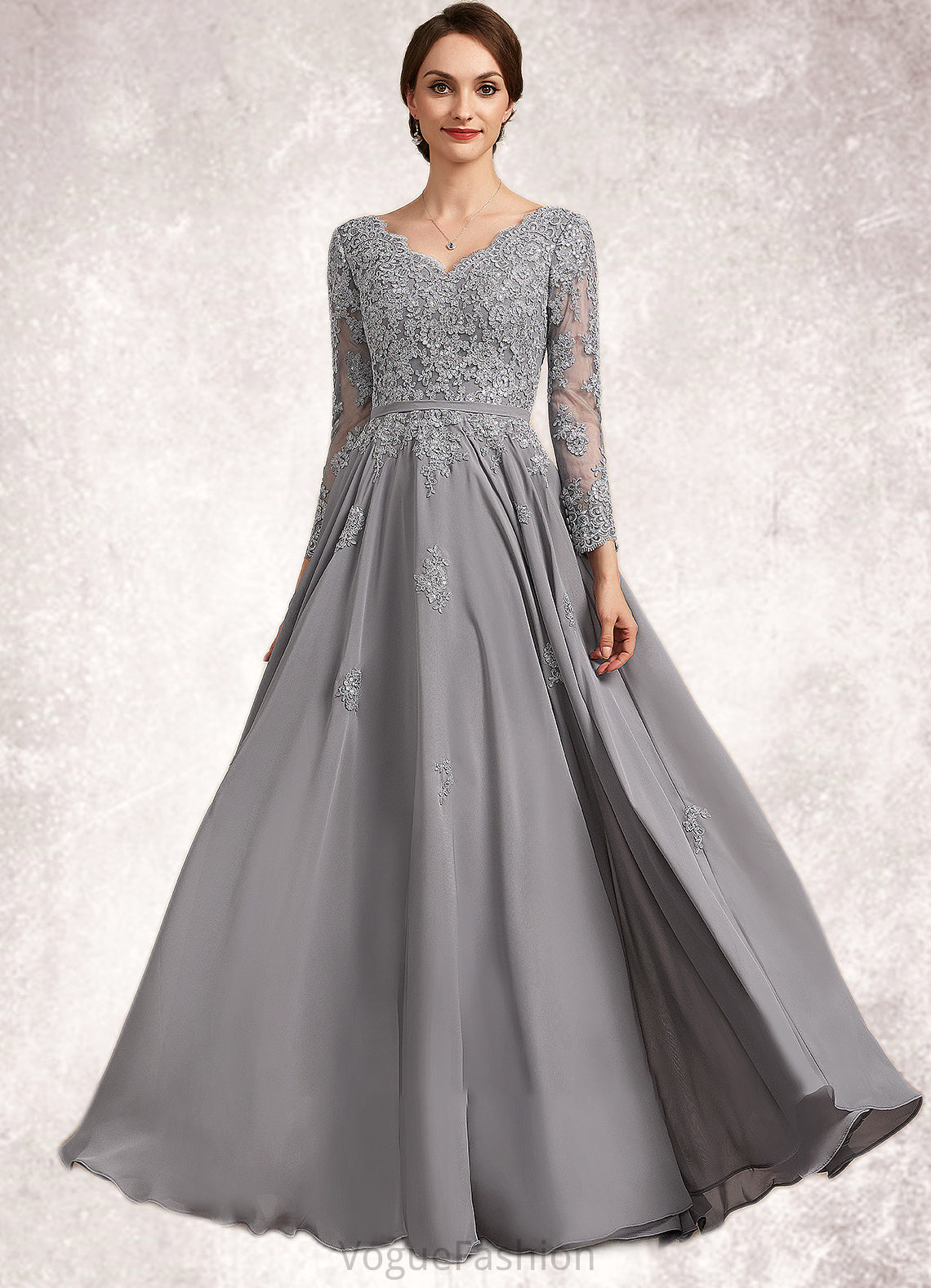 Deanna A-Line V-neck Floor-Length Chiffon Lace Mother of the Bride Dress DK126P0014881