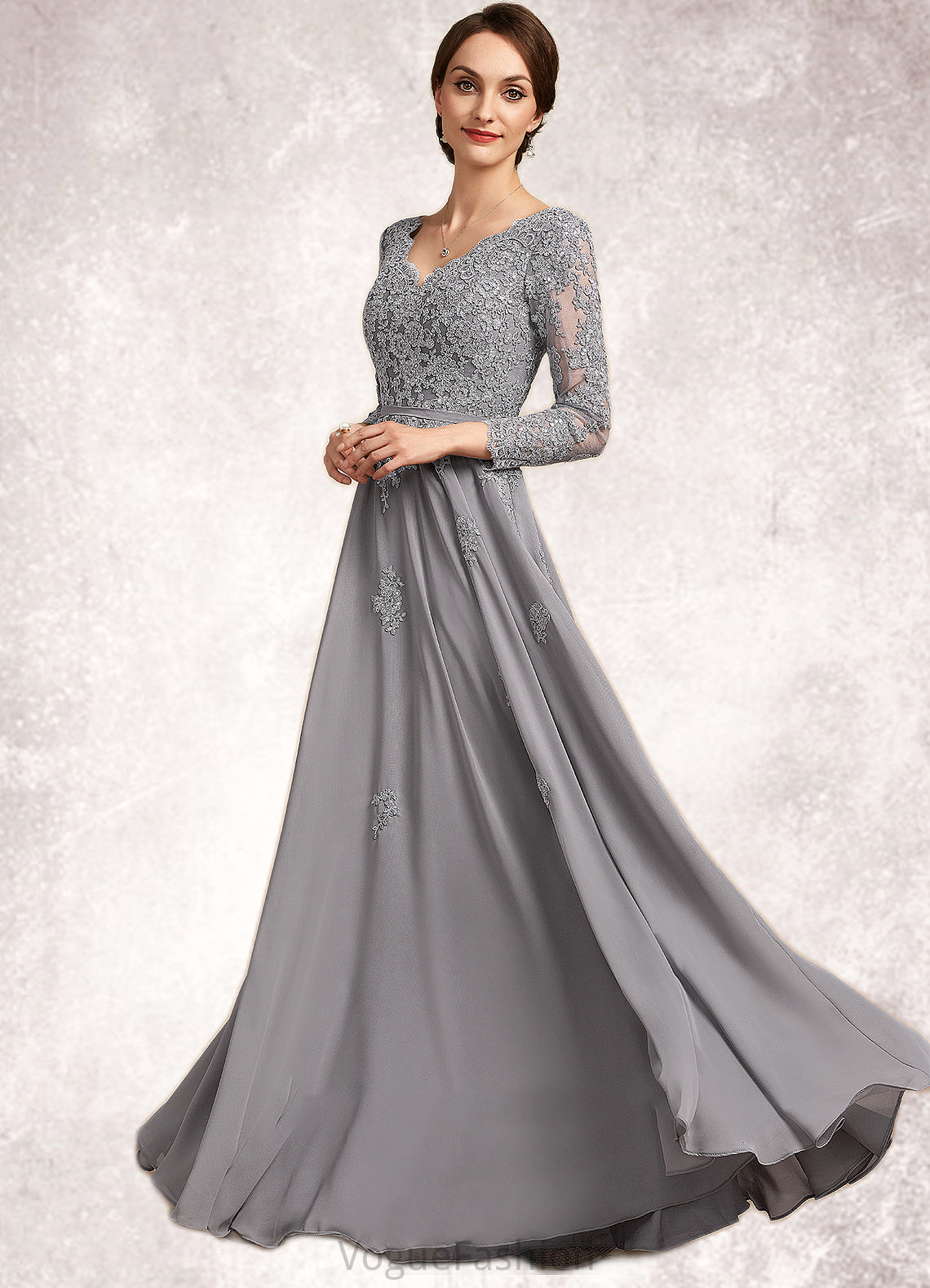 Deanna A-Line V-neck Floor-Length Chiffon Lace Mother of the Bride Dress DK126P0014881