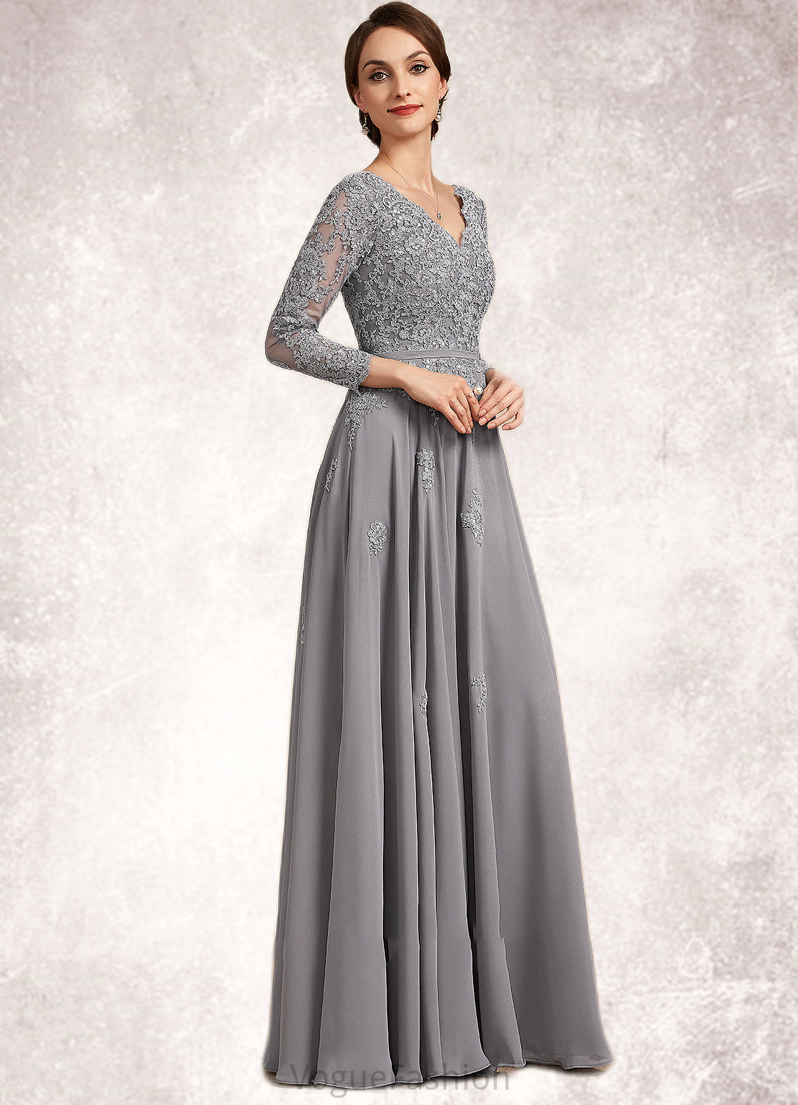 Deanna A-Line V-neck Floor-Length Chiffon Lace Mother of the Bride Dress DK126P0014881