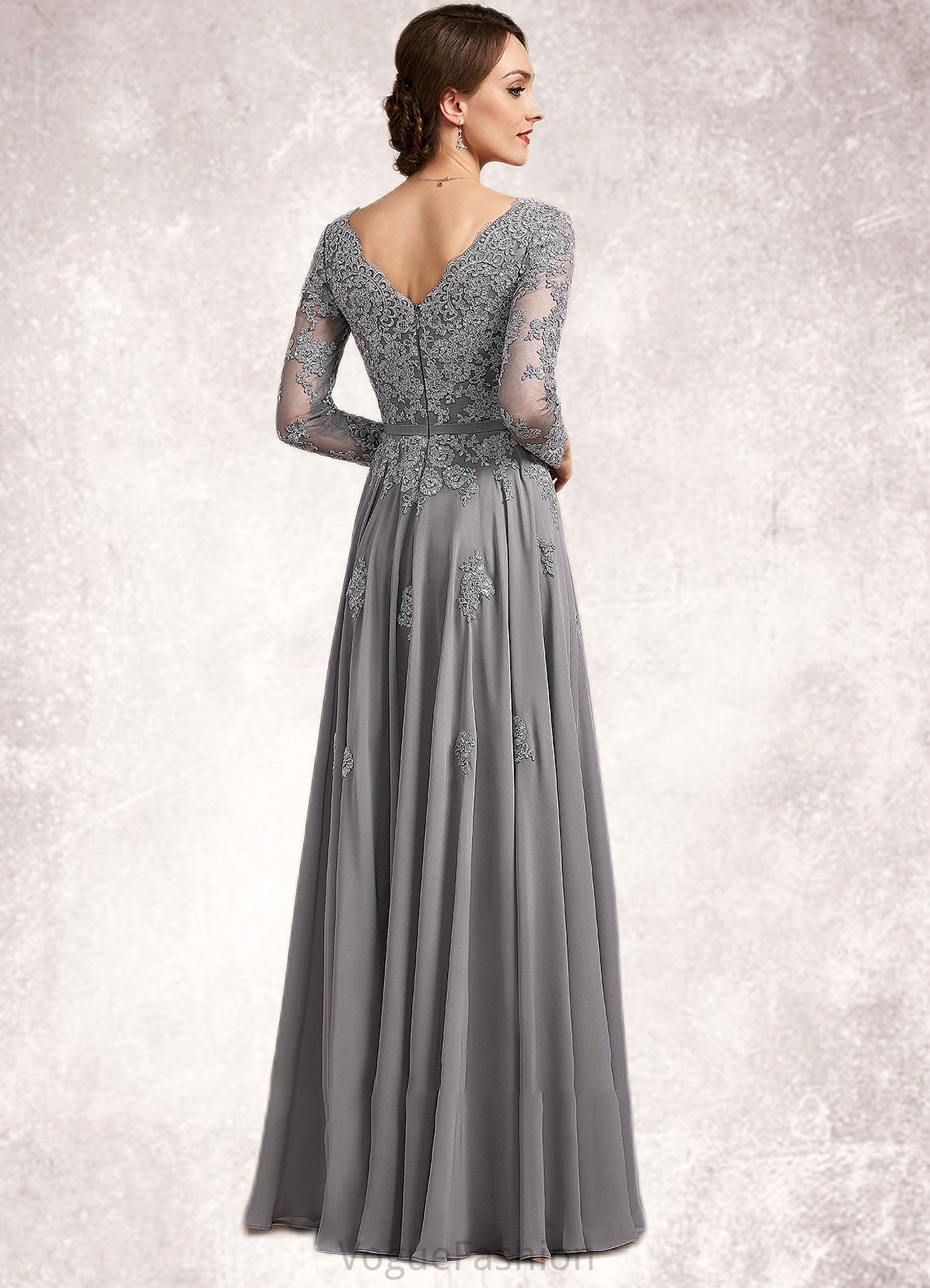 Deanna A-Line V-neck Floor-Length Chiffon Lace Mother of the Bride Dress DK126P0014881