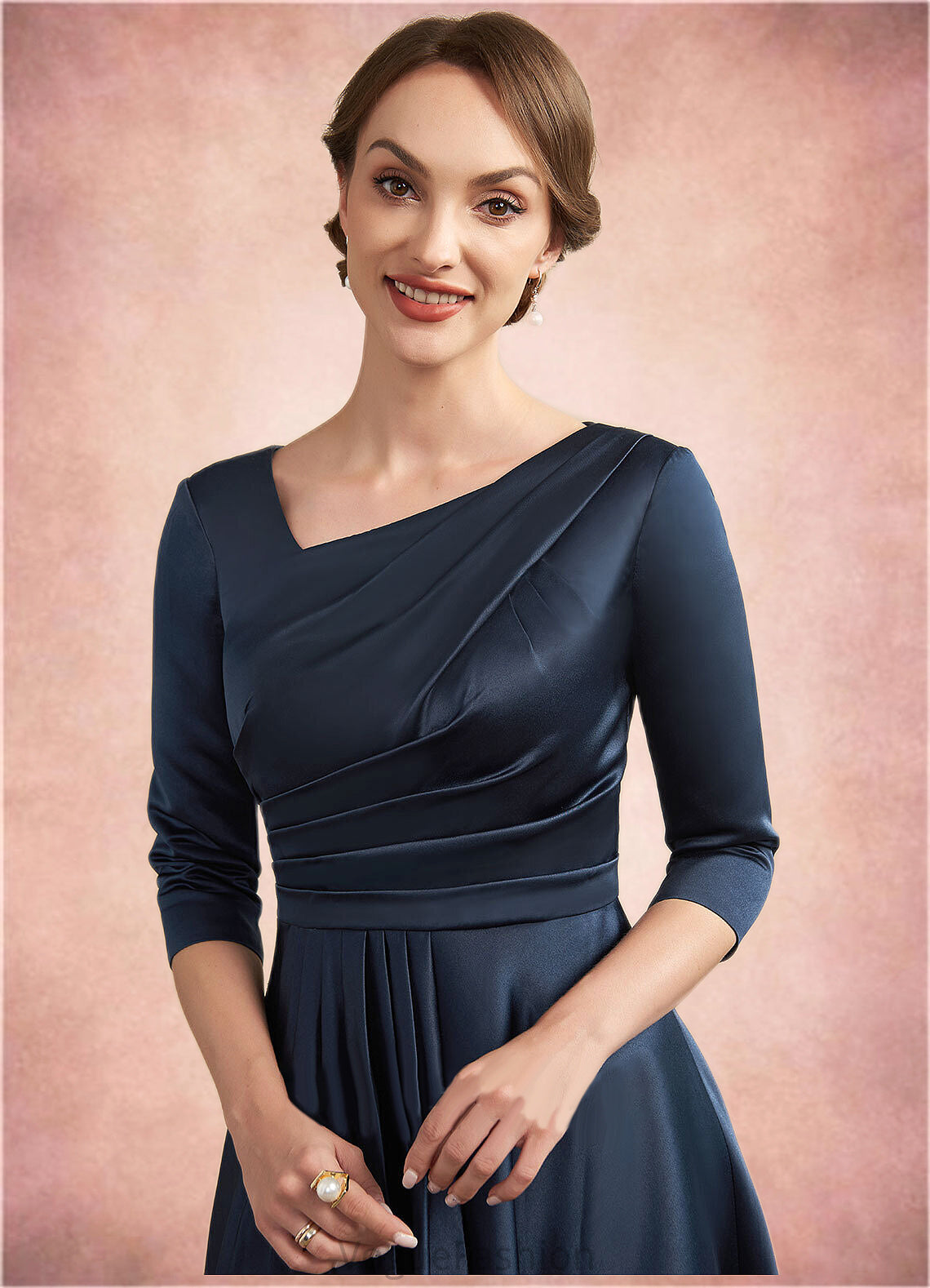 Lorelai A-Line V-neck Tea-Length Satin Mother of the Bride Dress With Ruffle DK126P0014883