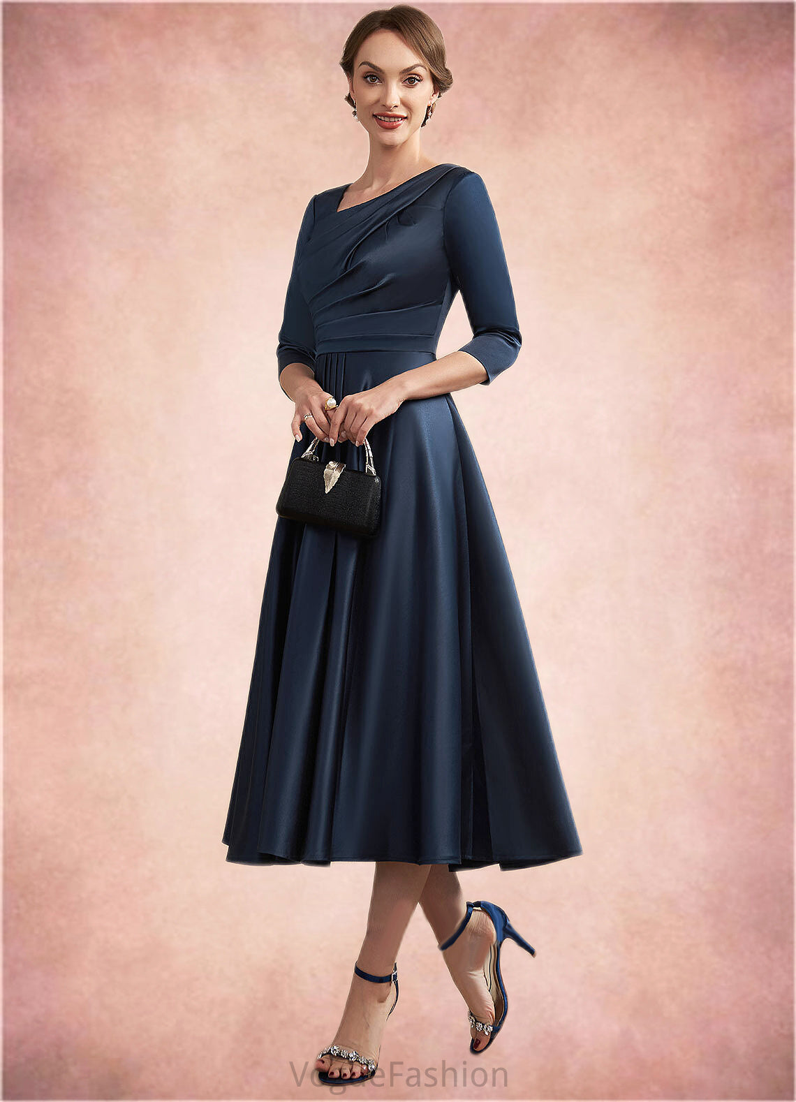 Lorelai A-Line V-neck Tea-Length Satin Mother of the Bride Dress With Ruffle DK126P0014883