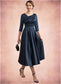 Lorelai A-Line V-neck Tea-Length Satin Mother of the Bride Dress With Ruffle DK126P0014883