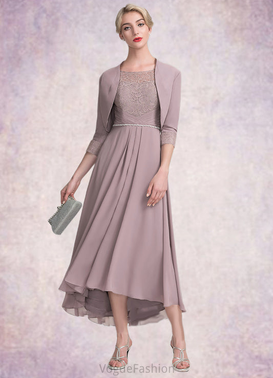 Elle A-Line Scoop Neck Asymmetrical Chiffon Lace Mother of the Bride Dress With Beading DK126P0014885