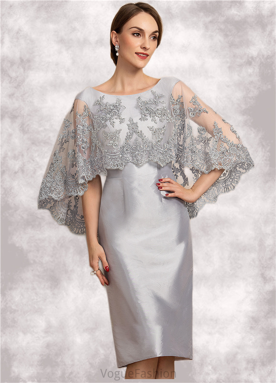 Josephine Sheath/Column Scoop Neck Knee-Length Taffeta Lace Mother of the Bride Dress With Beading Sequins DK126P0014886