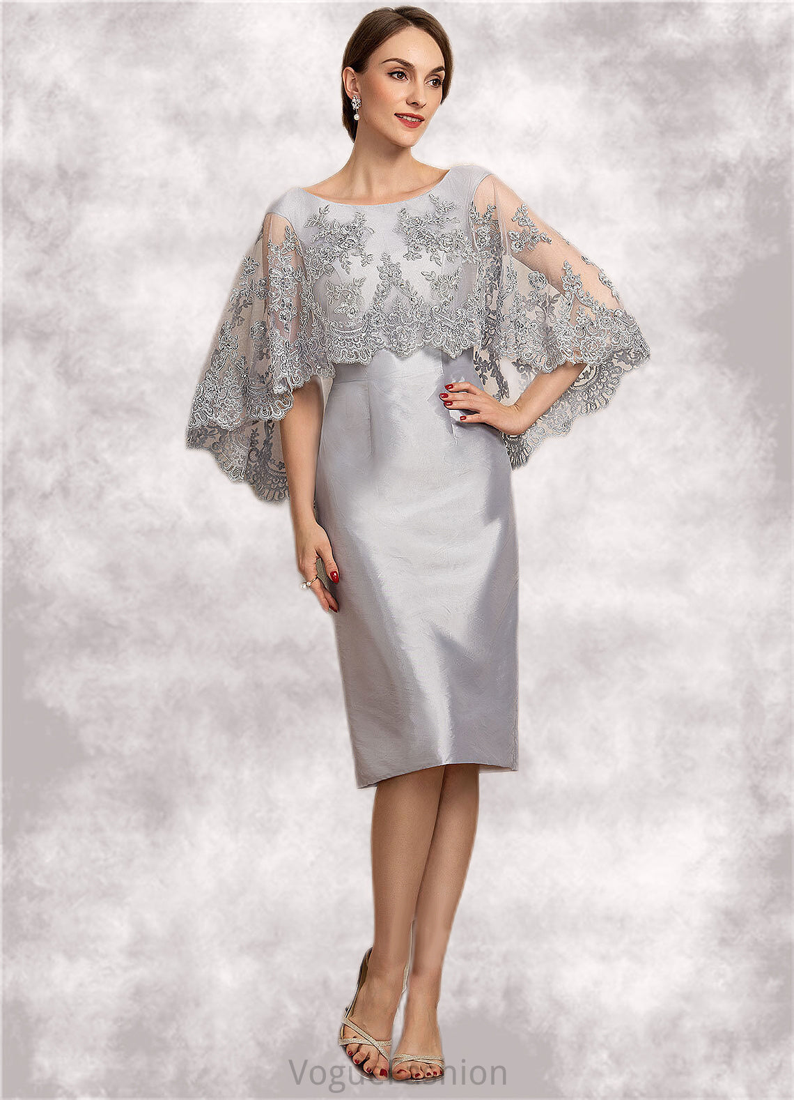 Josephine Sheath/Column Scoop Neck Knee-Length Taffeta Lace Mother of the Bride Dress With Beading Sequins DK126P0014886