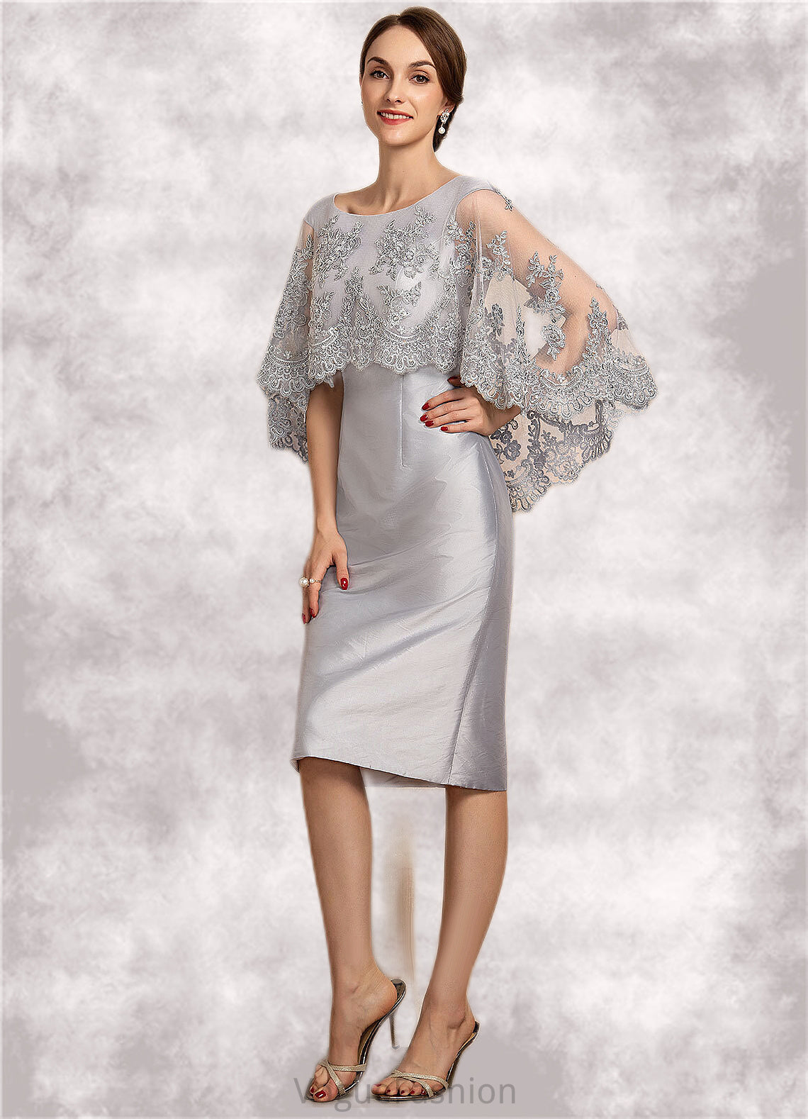 Josephine Sheath/Column Scoop Neck Knee-Length Taffeta Lace Mother of the Bride Dress With Beading Sequins DK126P0014886