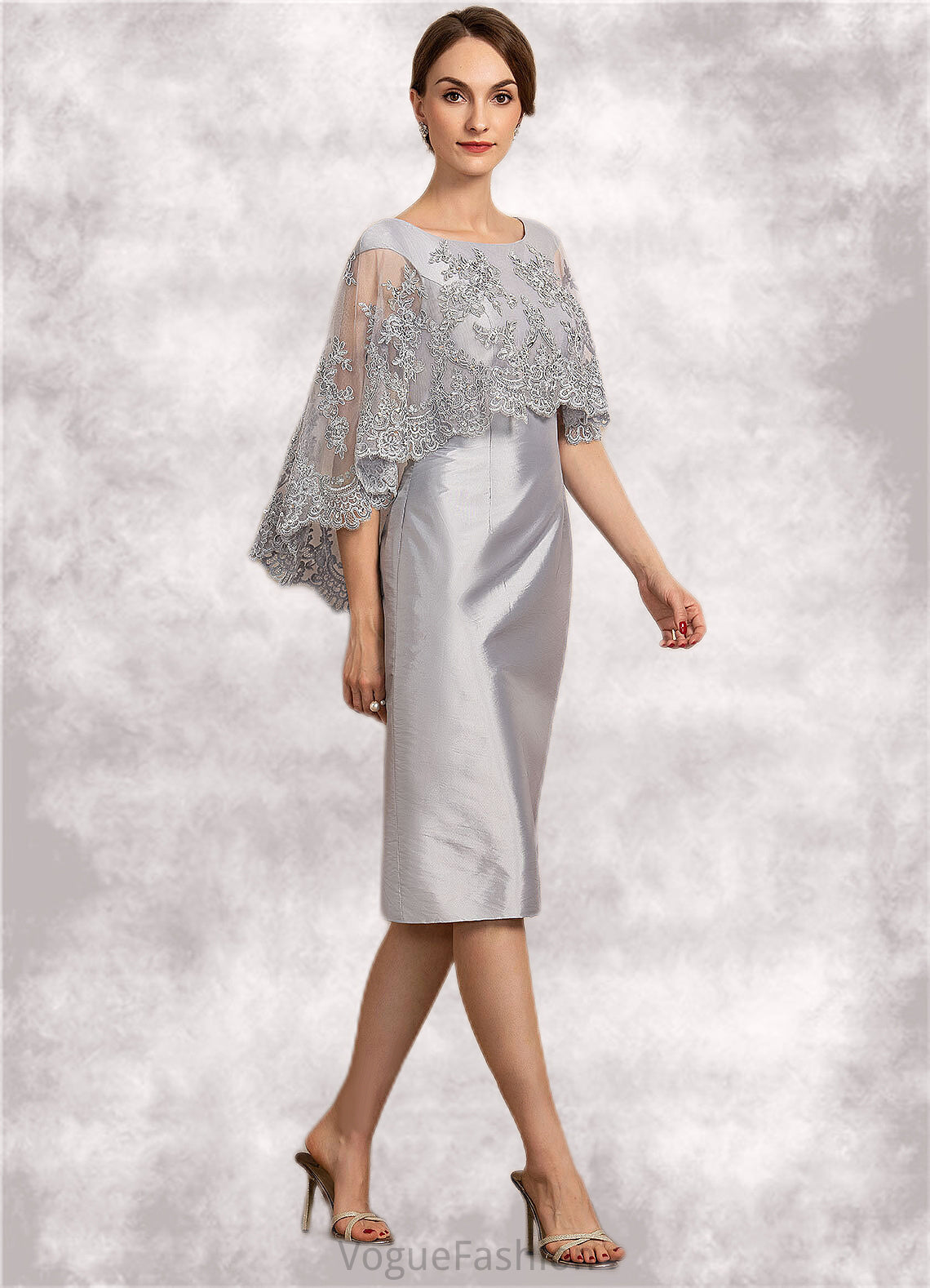 Josephine Sheath/Column Scoop Neck Knee-Length Taffeta Lace Mother of the Bride Dress With Beading Sequins DK126P0014886