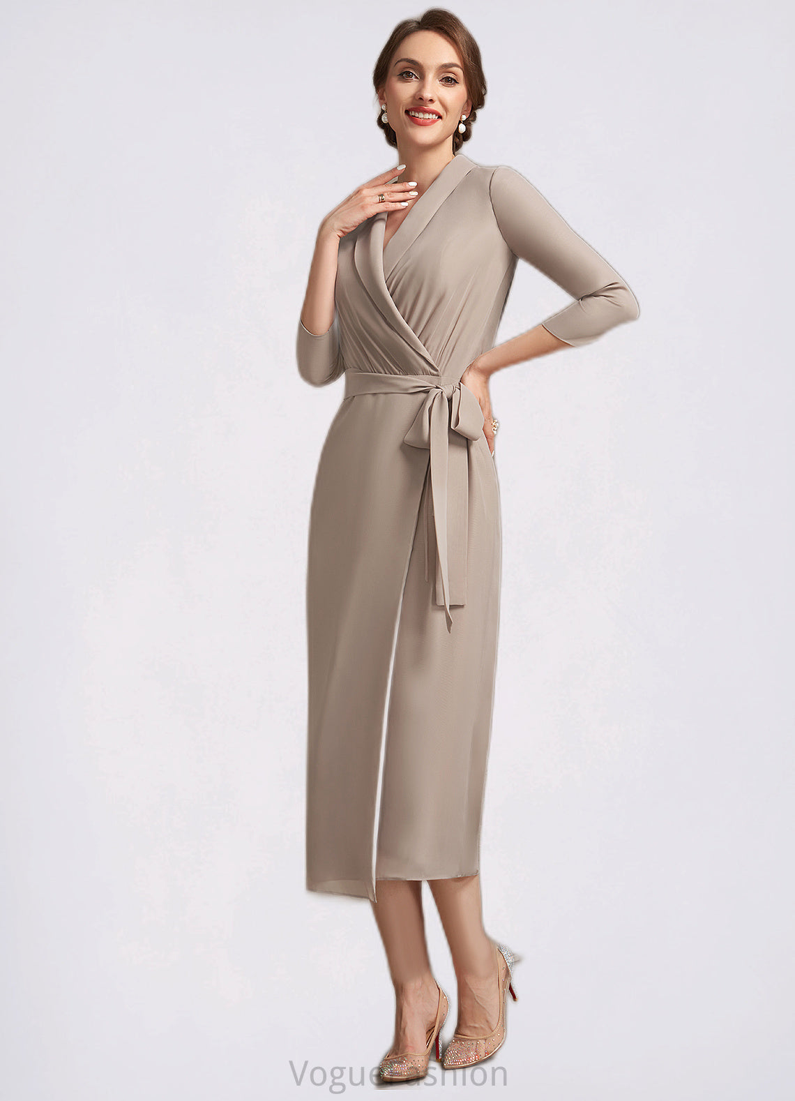 Melissa Sheath/Column V-neck Tea-Length Chiffon Mother of the Bride Dress With Bow(s) DK126P0014891