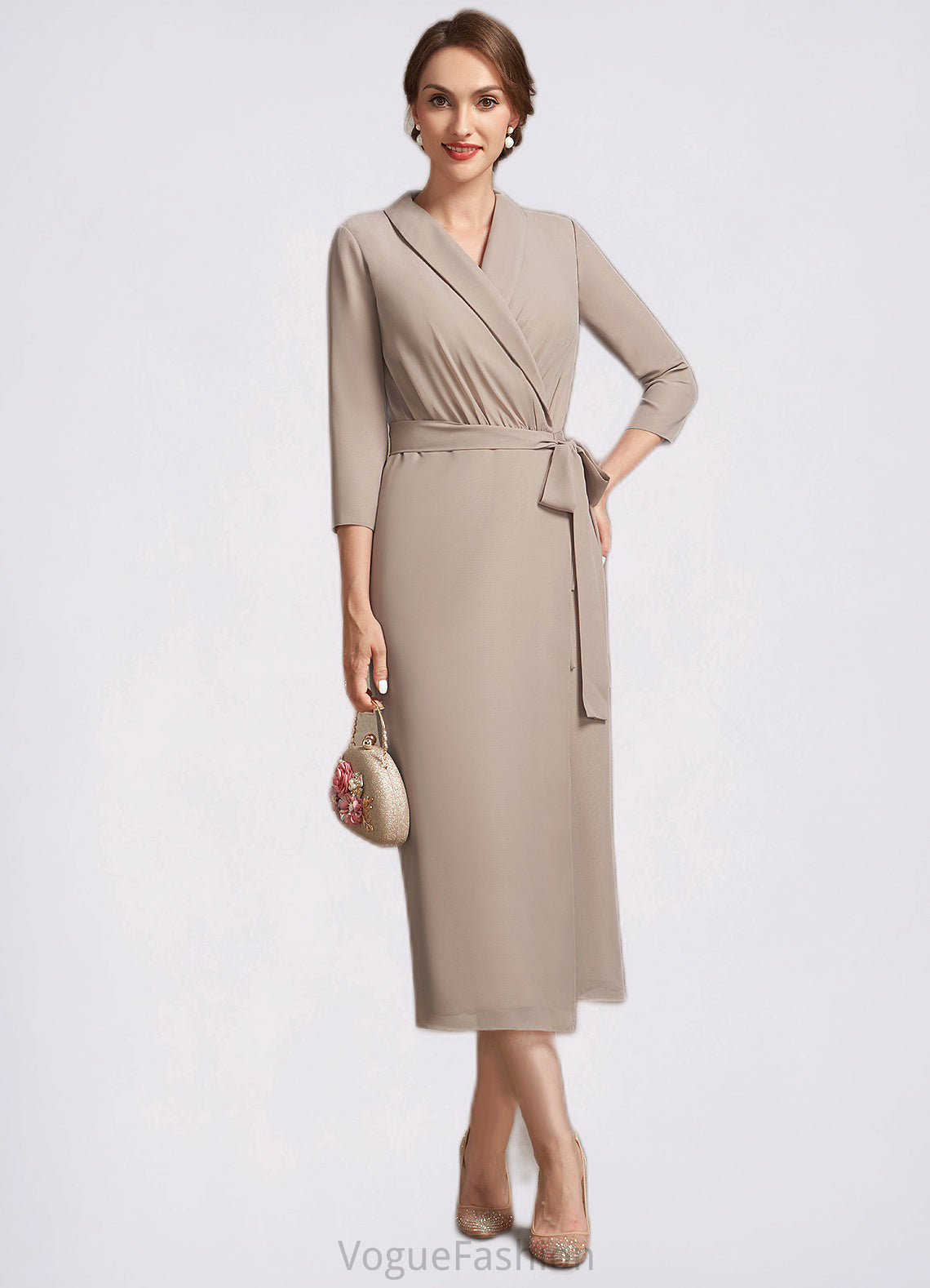 Melissa Sheath/Column V-neck Tea-Length Chiffon Mother of the Bride Dress With Bow(s) DK126P0014891