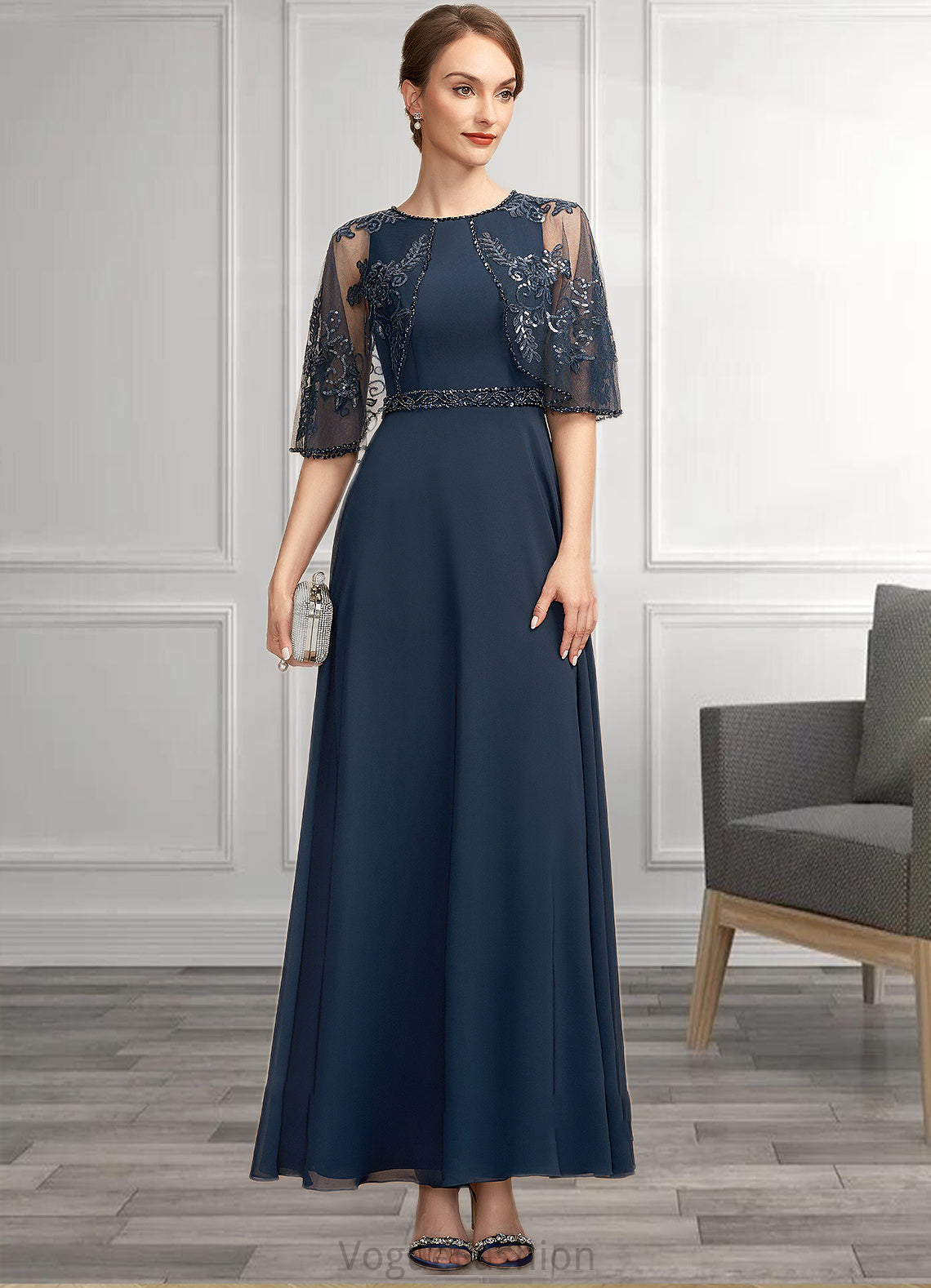 Phoenix A-Line Scoop Neck Ankle-Length Chiffon Lace Mother of the Bride Dress With Beading Sequins DK126P0014892