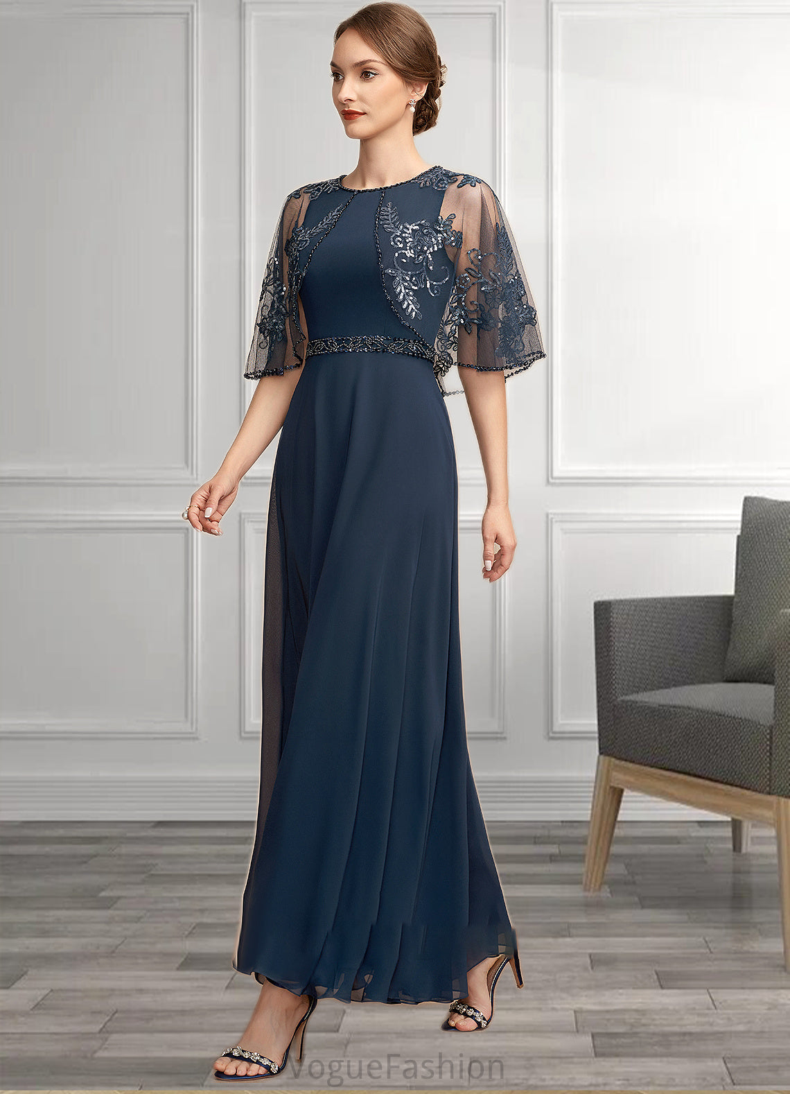 Phoenix A-Line Scoop Neck Ankle-Length Chiffon Lace Mother of the Bride Dress With Beading Sequins DK126P0014892