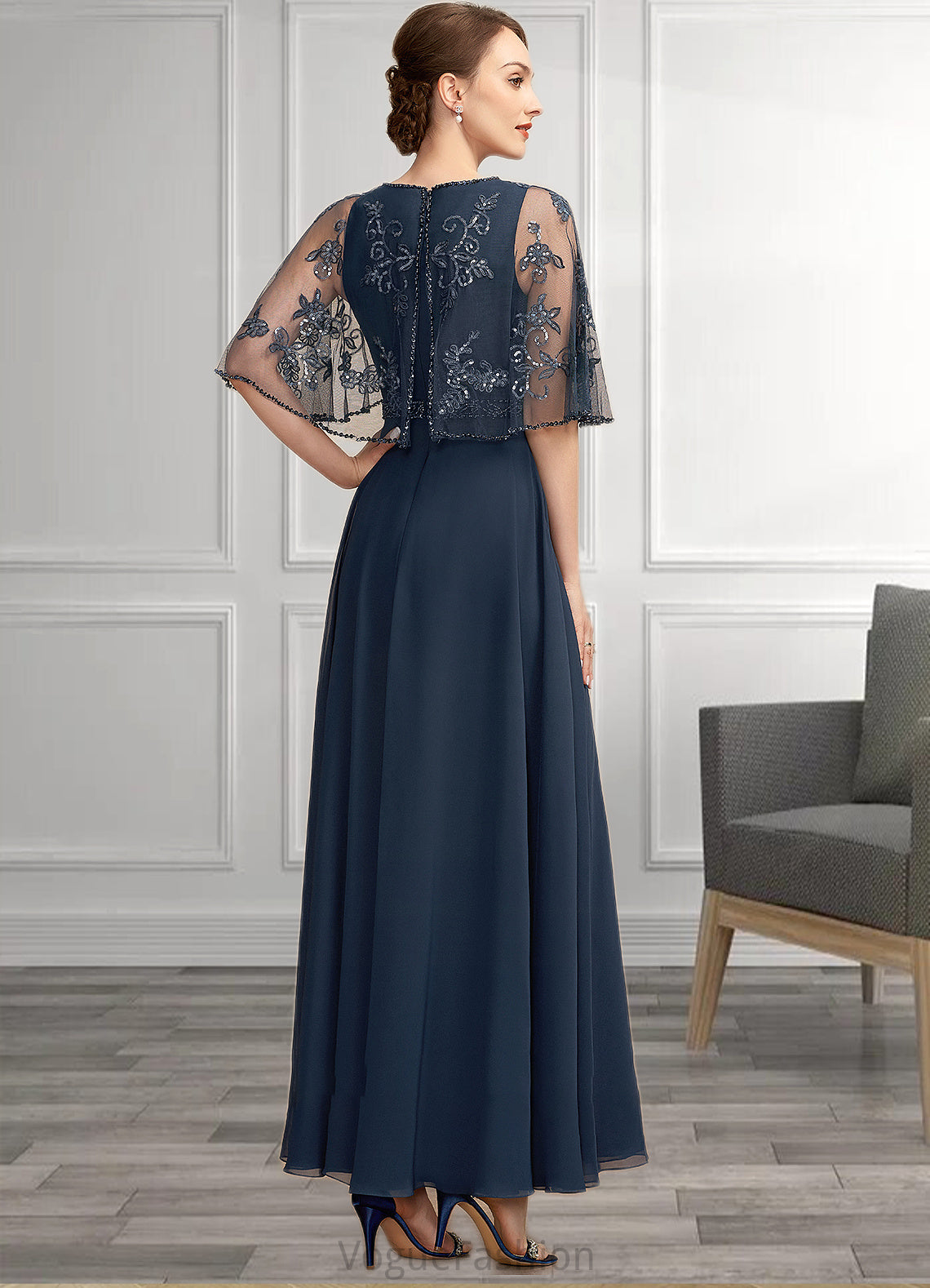 Phoenix A-Line Scoop Neck Ankle-Length Chiffon Lace Mother of the Bride Dress With Beading Sequins DK126P0014892