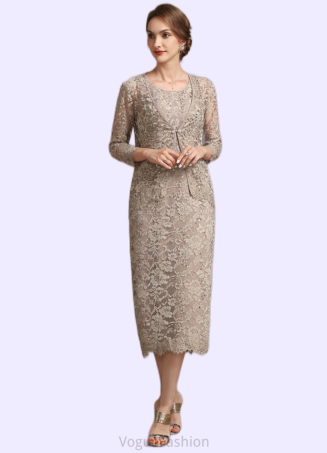 Brianna Sheath/Column Scoop Neck Tea-Length Lace Mother of the Bride Dress With Sequins DK126P0014898