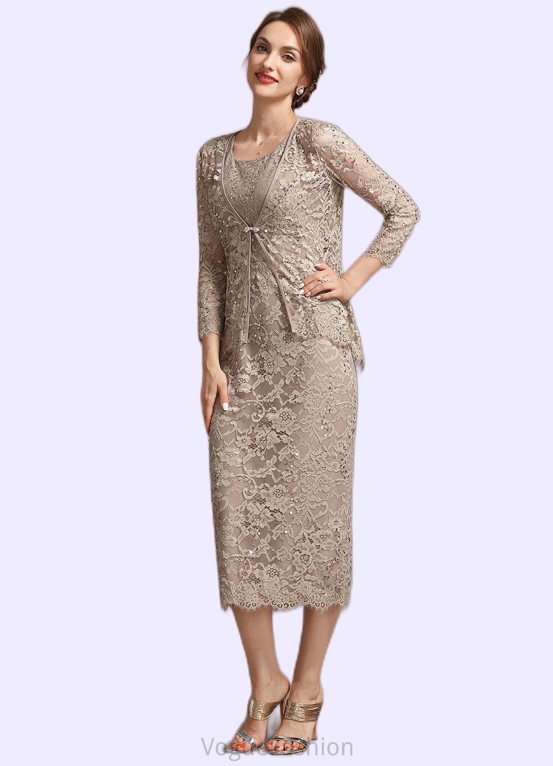 Brianna Sheath/Column Scoop Neck Tea-Length Lace Mother of the Bride Dress With Sequins DK126P0014898