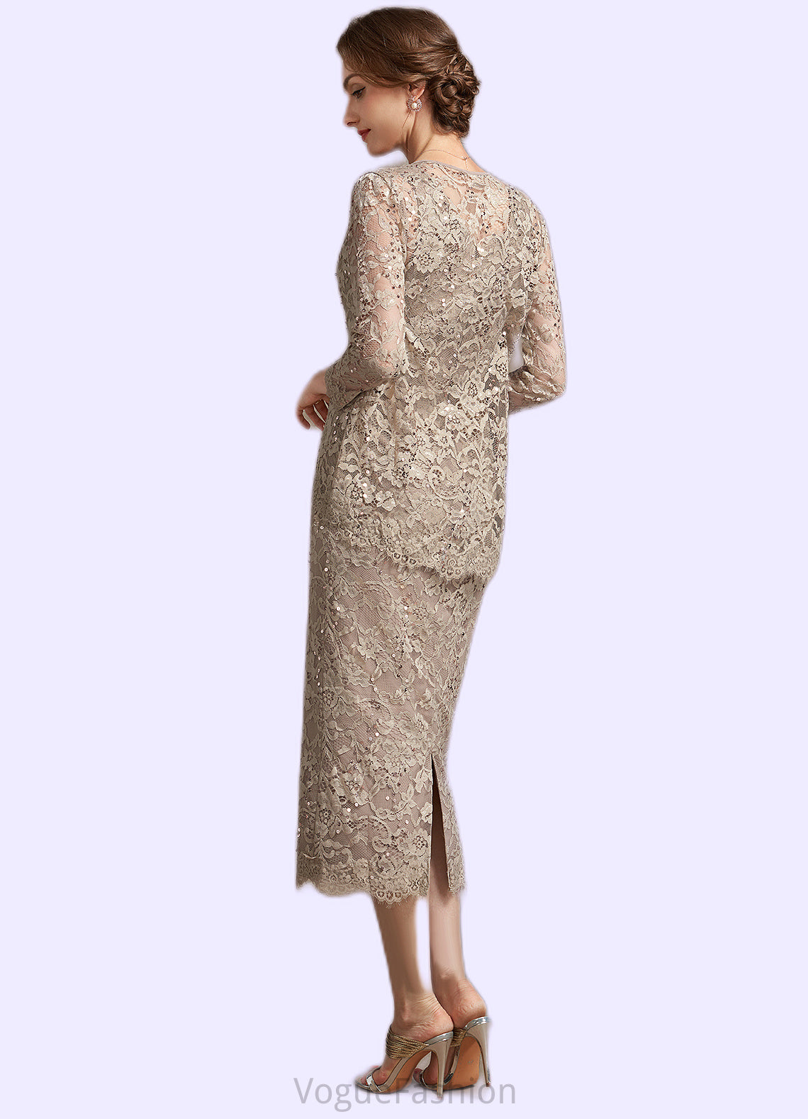 Brianna Sheath/Column Scoop Neck Tea-Length Lace Mother of the Bride Dress With Sequins DK126P0014898