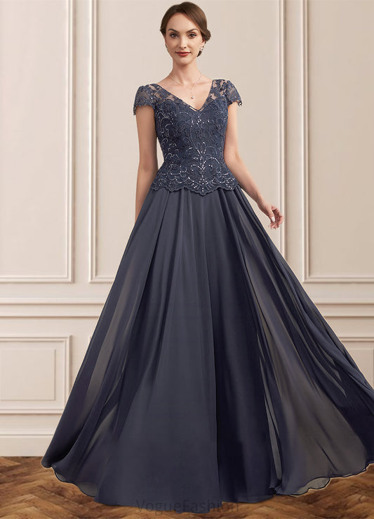 Krista A-Line V-neck Floor-Length Chiffon Lace Mother of the Bride Dress With Sequins DK126P0014901