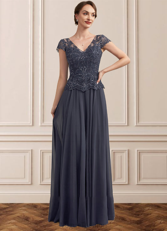 Krista A-Line V-neck Floor-Length Chiffon Lace Mother of the Bride Dress With Sequins DK126P0014901