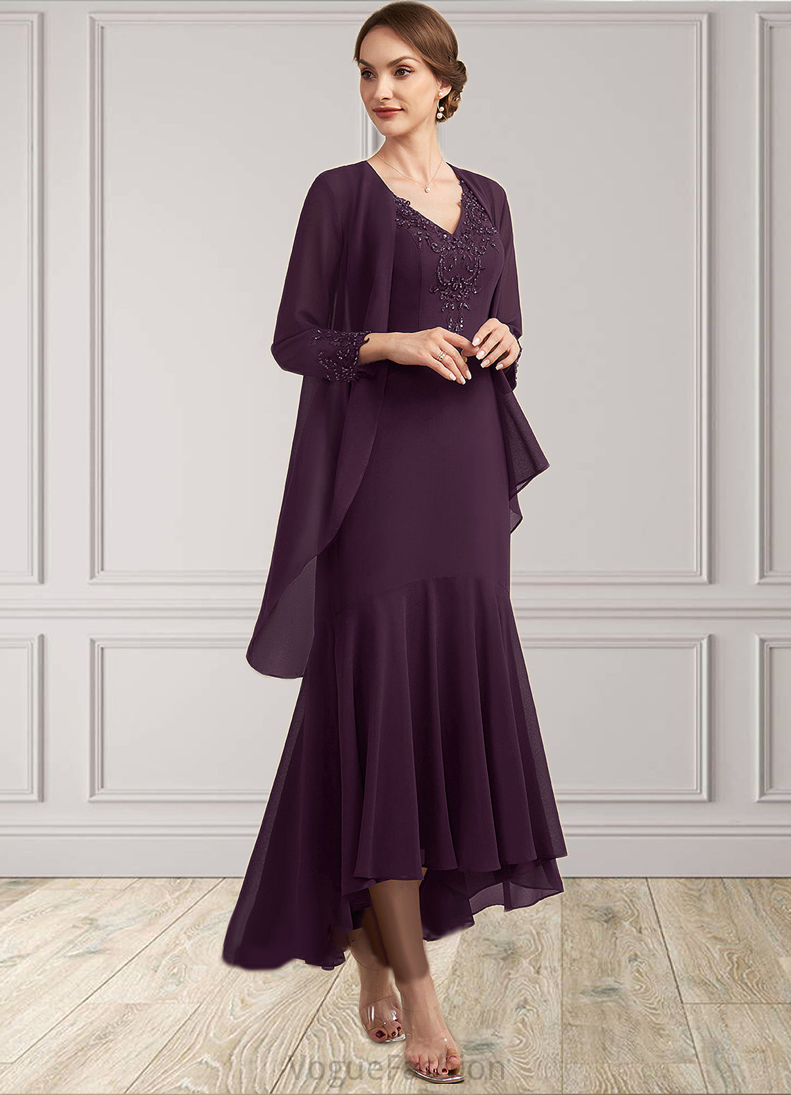 Nathalia Trumpet/Mermaid V-neck Asymmetrical Chiffon Mother of the Bride Dress With Lace Beading Sequins DK126P0014902