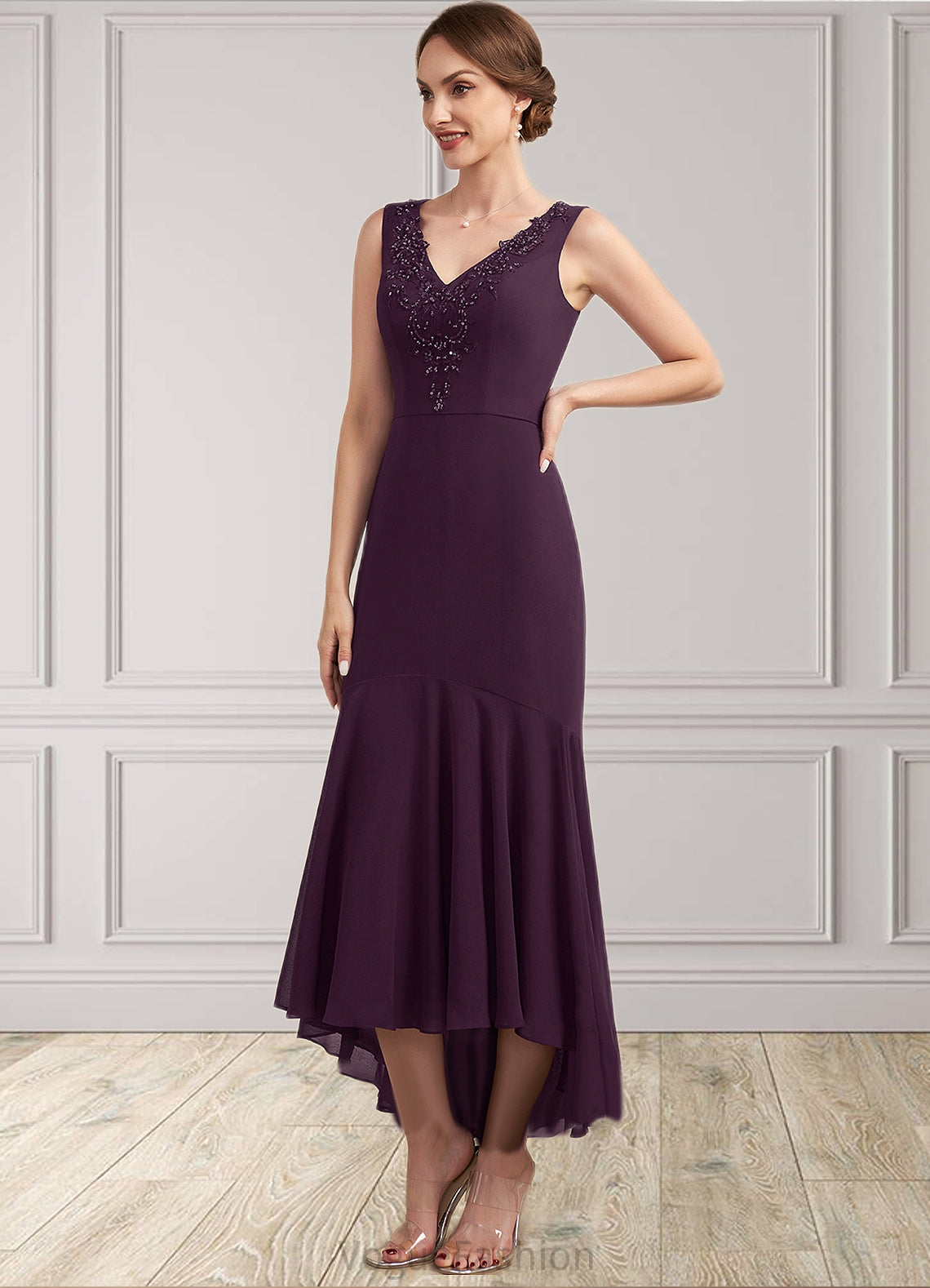 Nathalia Trumpet/Mermaid V-neck Asymmetrical Chiffon Mother of the Bride Dress With Lace Beading Sequins DK126P0014902