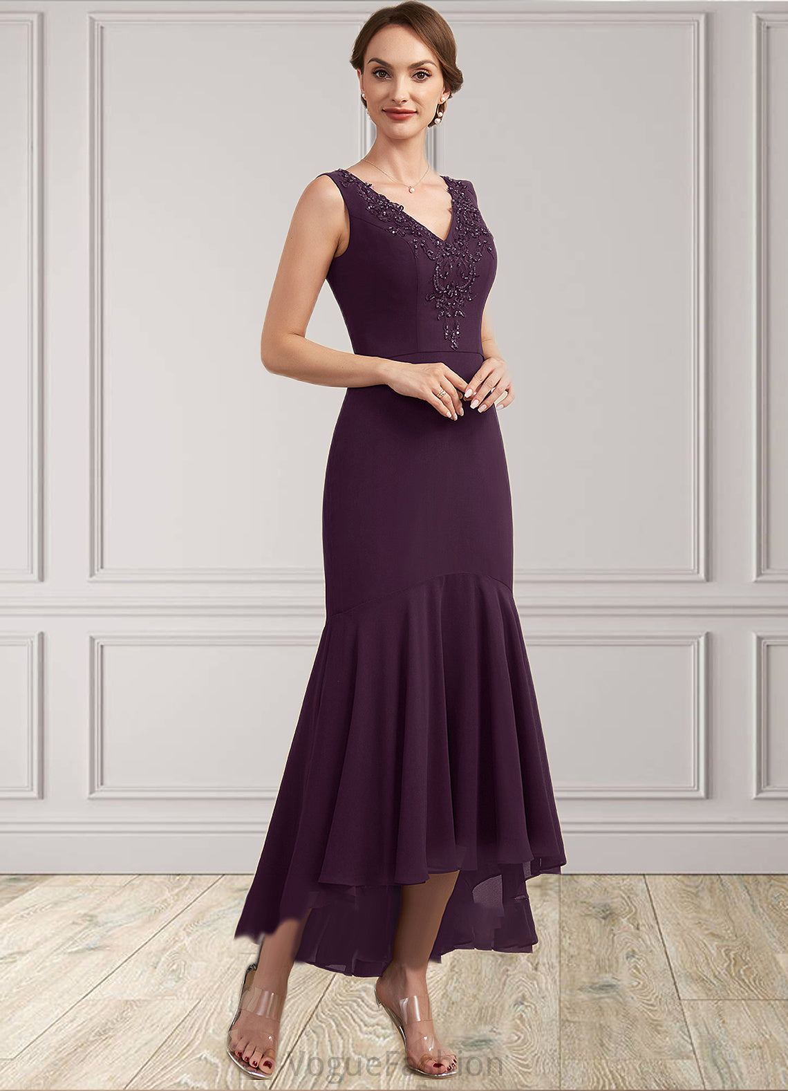 Nathalia Trumpet/Mermaid V-neck Asymmetrical Chiffon Mother of the Bride Dress With Lace Beading Sequins DK126P0014902