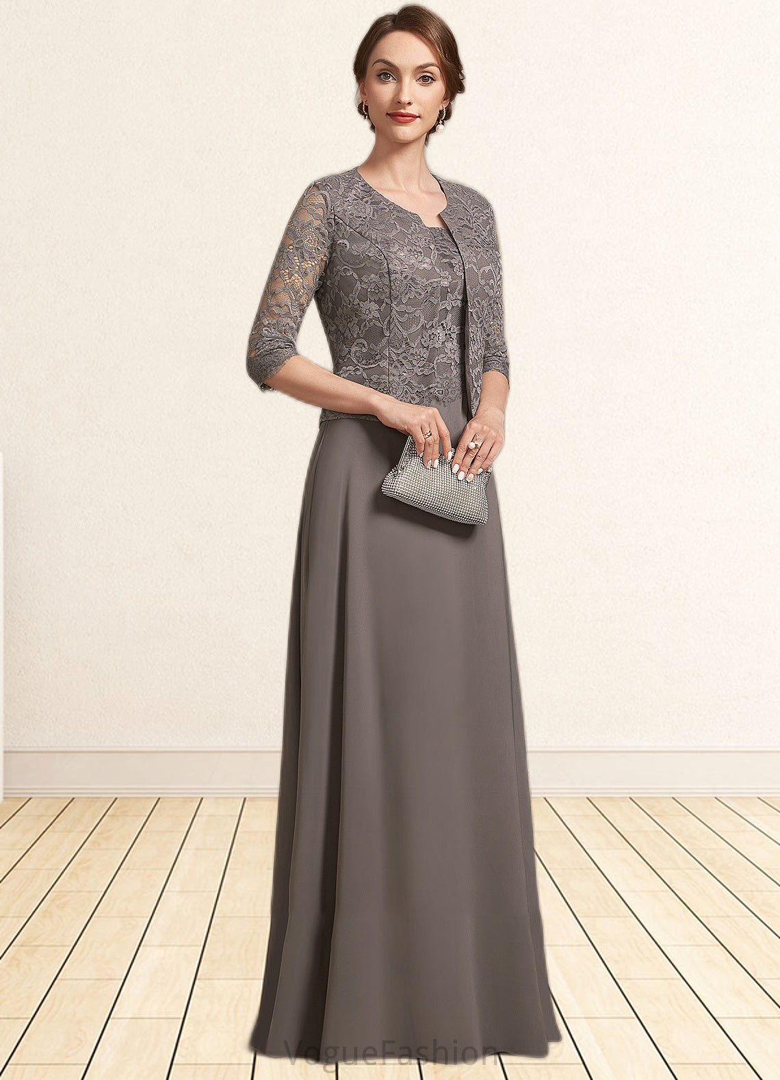 Haley A-Line Square Neckline Floor-Length Chiffon Lace Mother of the Bride Dress DK126P0014904