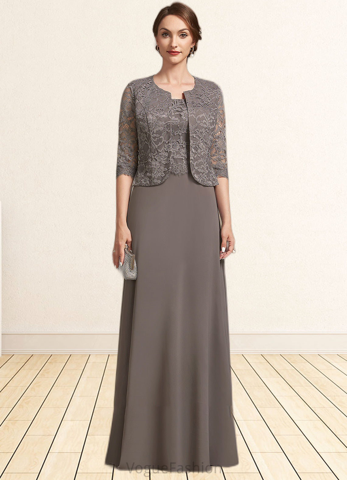 Haley A-Line Square Neckline Floor-Length Chiffon Lace Mother of the Bride Dress DK126P0014904