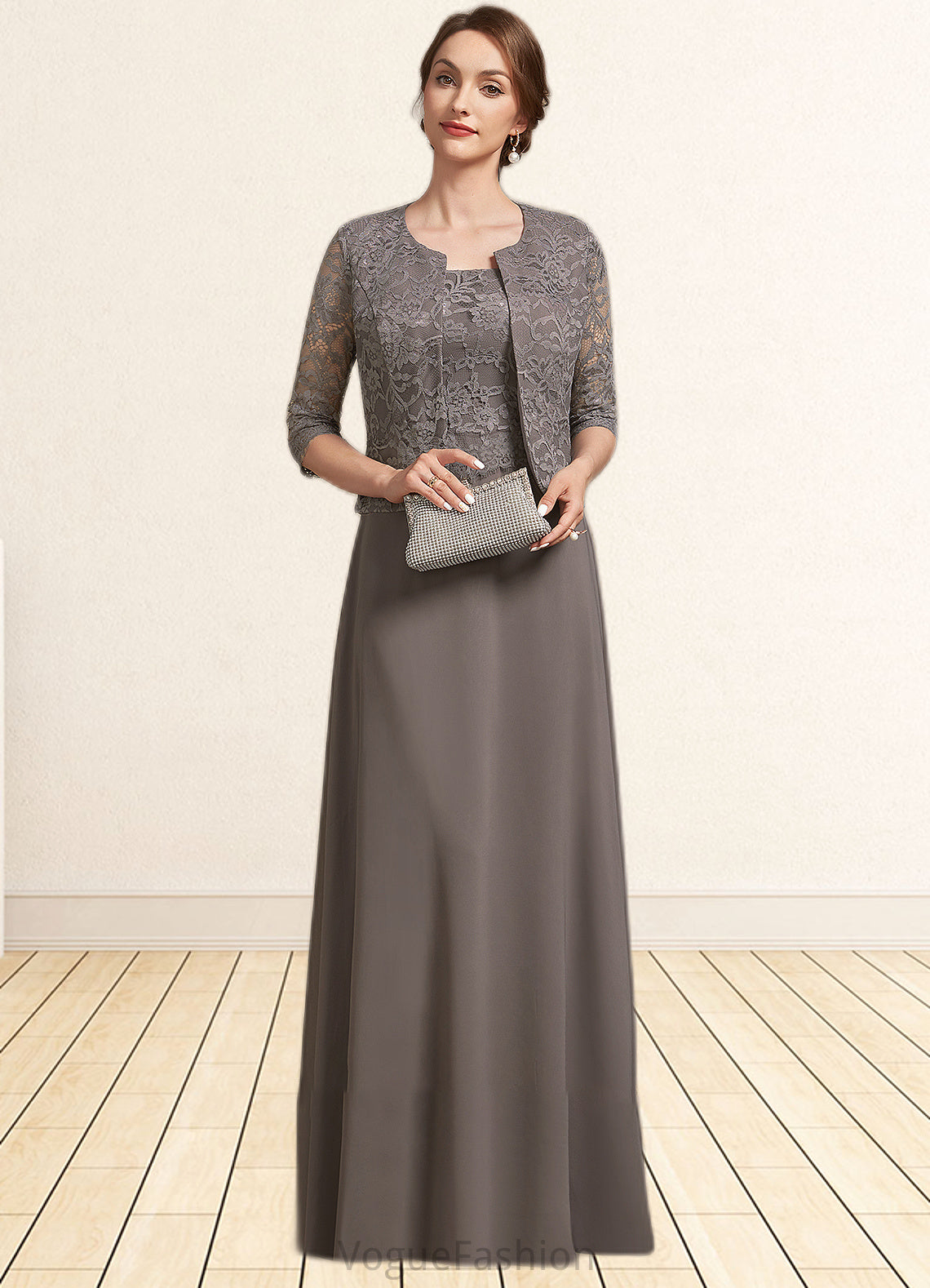 Haley A-Line Square Neckline Floor-Length Chiffon Lace Mother of the Bride Dress DK126P0014904