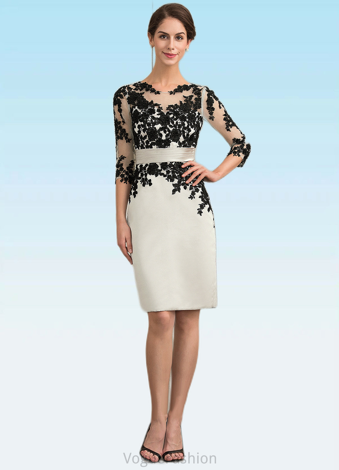 Una Sheath/Column Scoop Neck Knee-Length Satin Lace Mother of the Bride Dress With Beading Sequins DK126P0014916