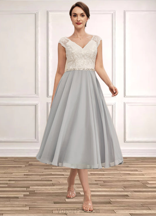 Aryanna A-Line V-neck Tea-Length Chiffon Lace Mother of the Bride Dress With Beading DK126P0014919