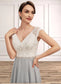 Aryanna A-Line V-neck Tea-Length Chiffon Lace Mother of the Bride Dress With Beading DK126P0014919