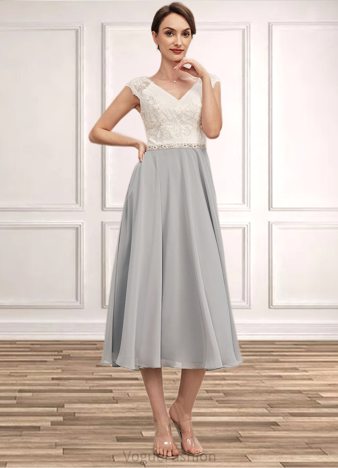 Aryanna A-Line V-neck Tea-Length Chiffon Lace Mother of the Bride Dress With Beading DK126P0014919