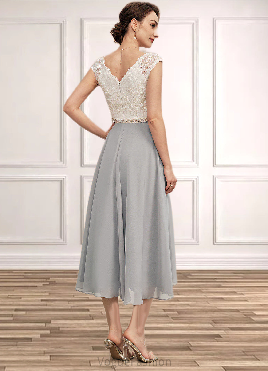 Aryanna A-Line V-neck Tea-Length Chiffon Lace Mother of the Bride Dress With Beading DK126P0014919