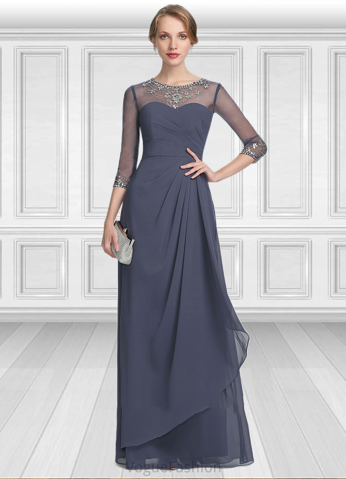 Paisley A-Line Scoop Neck Floor-Length Chiffon Mother of the Bride Dress With Beading Sequins Cascading Ruffles DK126P0014921