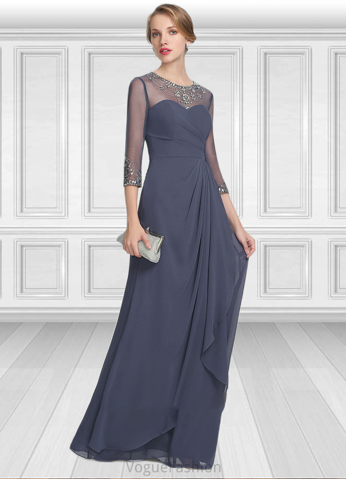 Paisley A-Line Scoop Neck Floor-Length Chiffon Mother of the Bride Dress With Beading Sequins Cascading Ruffles DK126P0014921