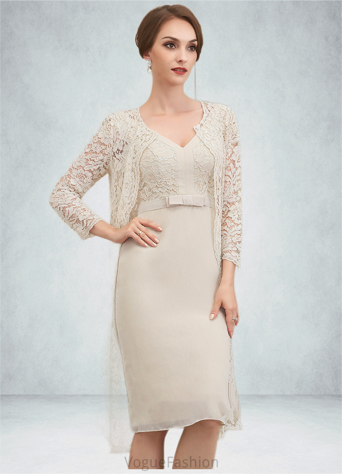 Alexa Sheath/Column V-neck Knee-Length Chiffon Lace Mother of the Bride Dress With Bow(s) DK126P0014924