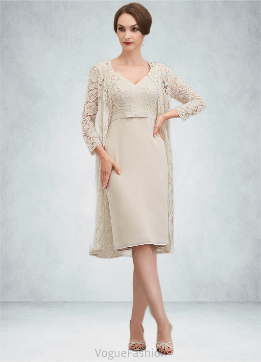 Alexa Sheath/Column V-neck Knee-Length Chiffon Lace Mother of the Bride Dress With Bow(s) DK126P0014924