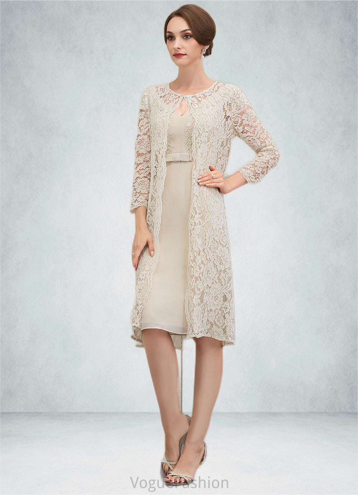 Alexa Sheath/Column V-neck Knee-Length Chiffon Lace Mother of the Bride Dress With Bow(s) DK126P0014924