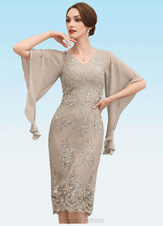 Brittany Sheath/Column V-neck Knee-Length Chiffon Lace Mother of the Bride Dress With Cascading Ruffles DK126P0014925