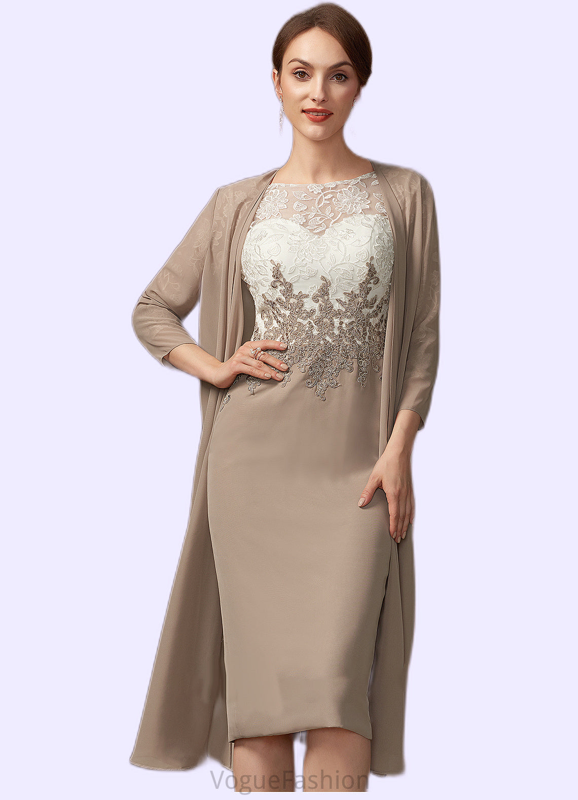 Miah Sheath/Column Scoop Neck Knee-Length Chiffon Lace Mother of the Bride Dress DK126P0014927