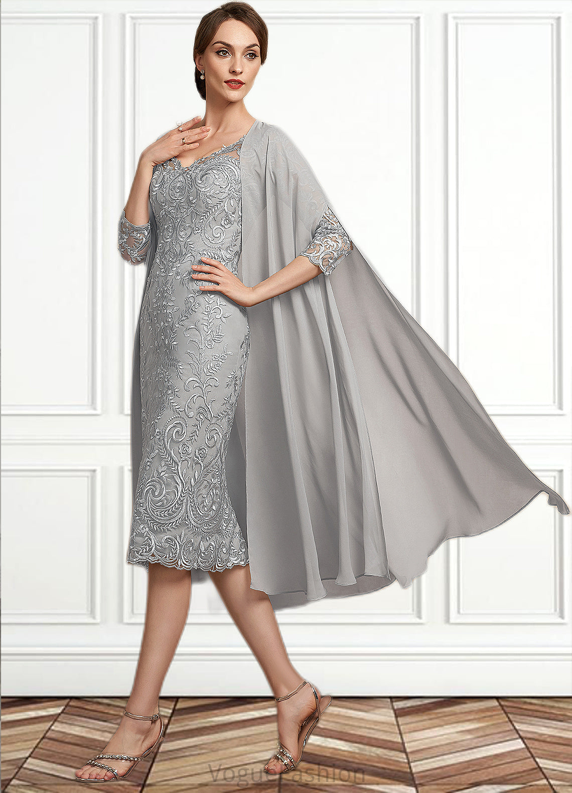 Tabitha Sheath/Column V-neck Knee-Length Lace Mother of the Bride Dress DK126P0014931