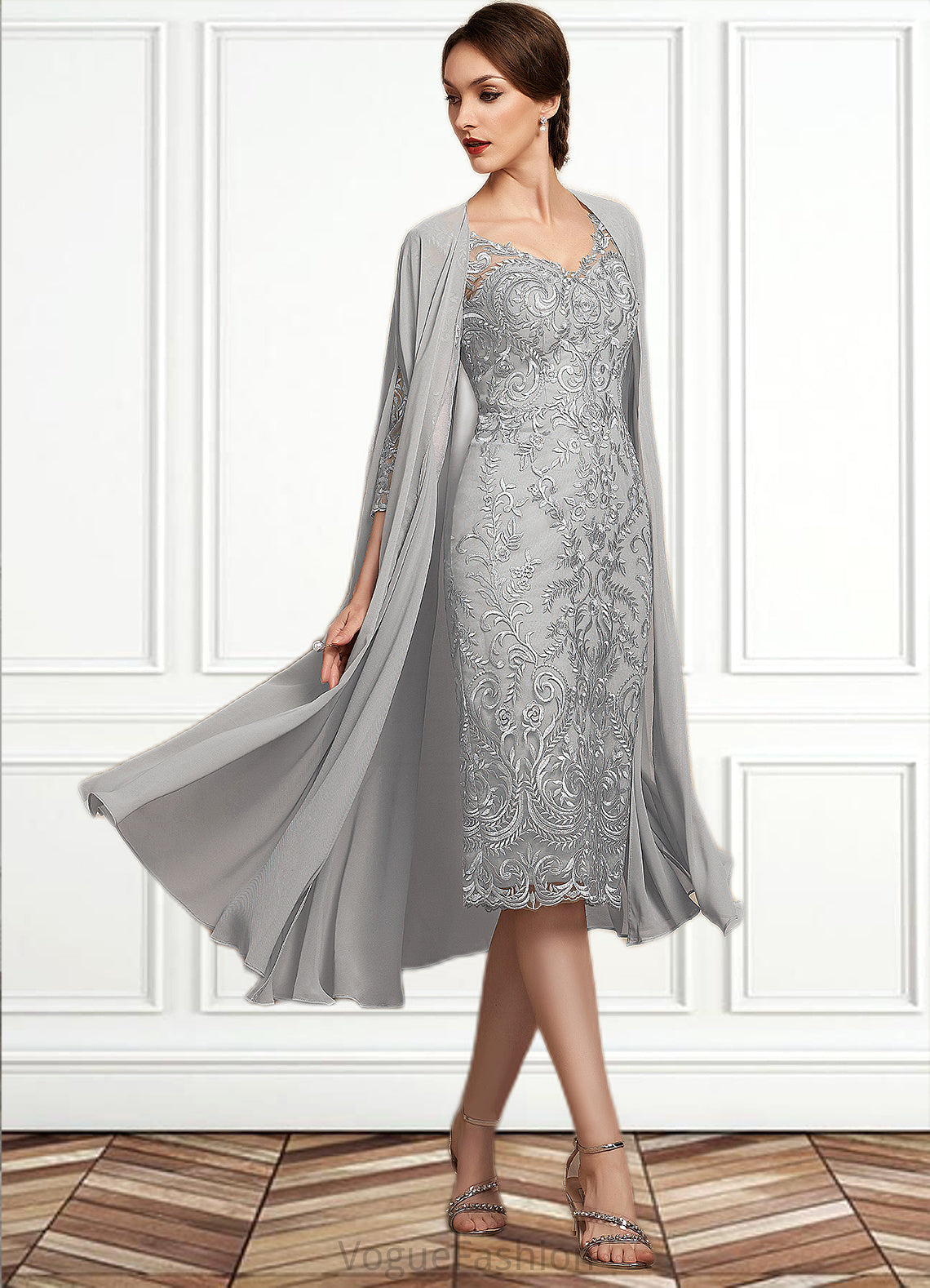 Tabitha Sheath/Column V-neck Knee-Length Lace Mother of the Bride Dress DK126P0014931