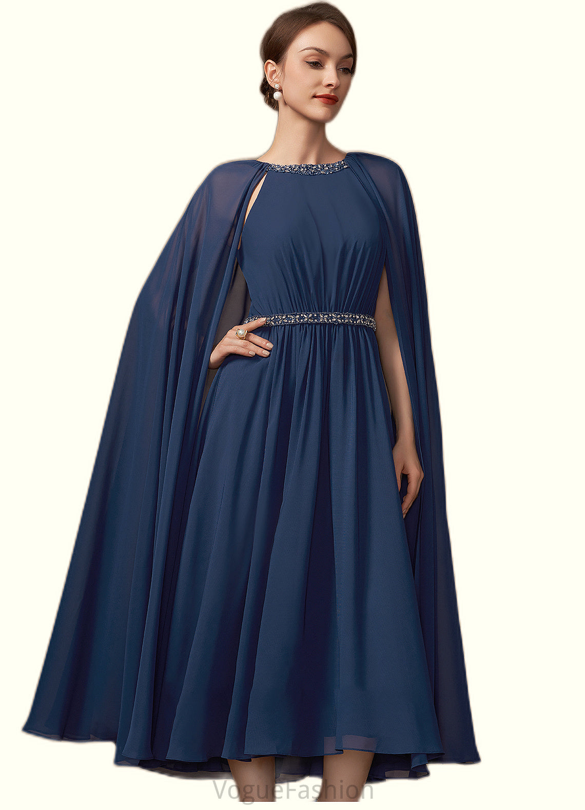 Susan A-Line Scoop Neck Tea-Length Chiffon Mother of the Bride Dress With Beading DK126P0014934