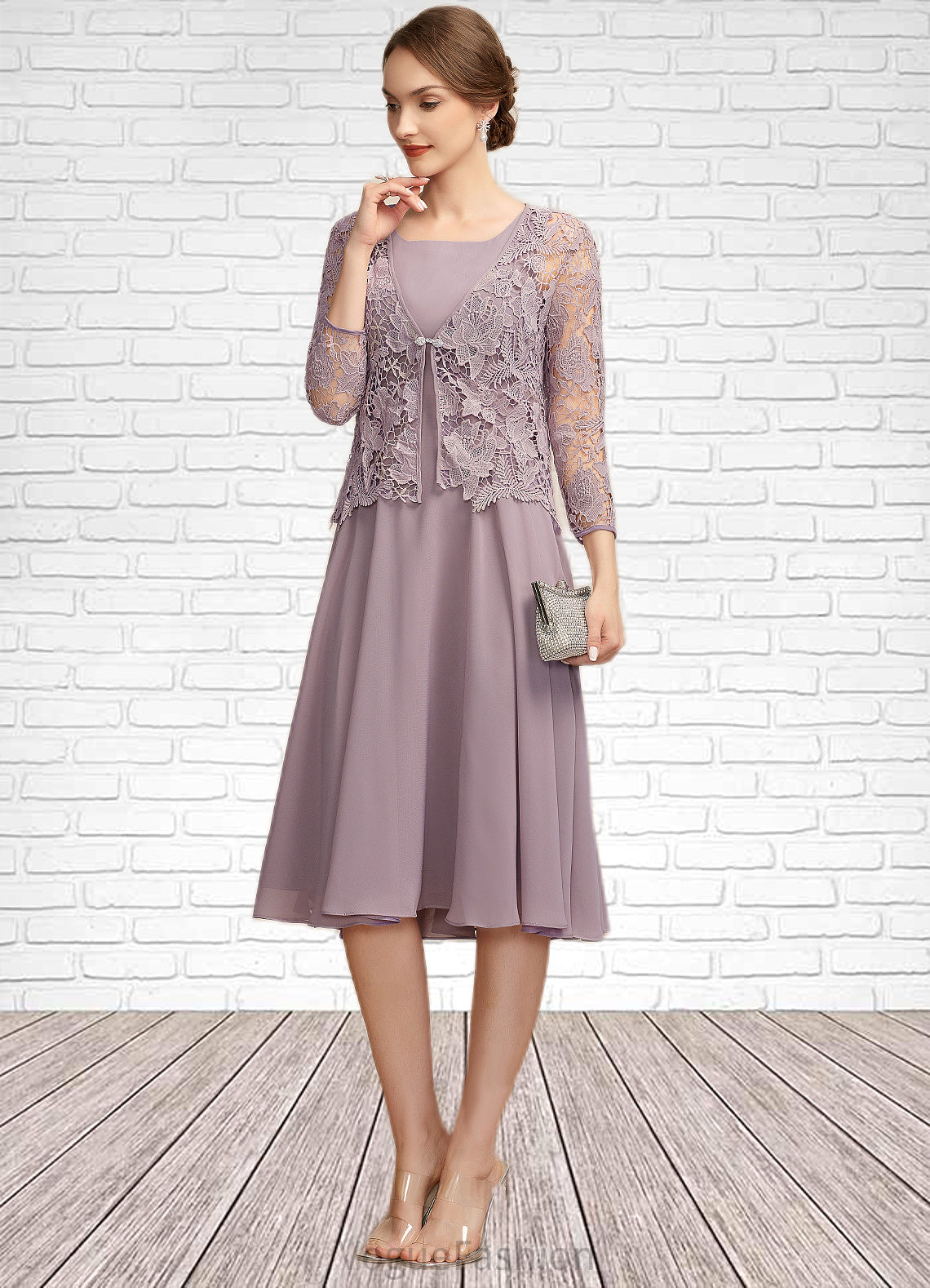 Ella A-Line Square Neckline Knee-Length Chiffon Mother of the Bride Dress DK126P0014940