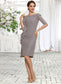 Estrella Sheath/Column Scoop Neck Knee-Length Chiffon Mother of the Bride Dress With Crystal Brooch Cascading Ruffles DK126P0014943