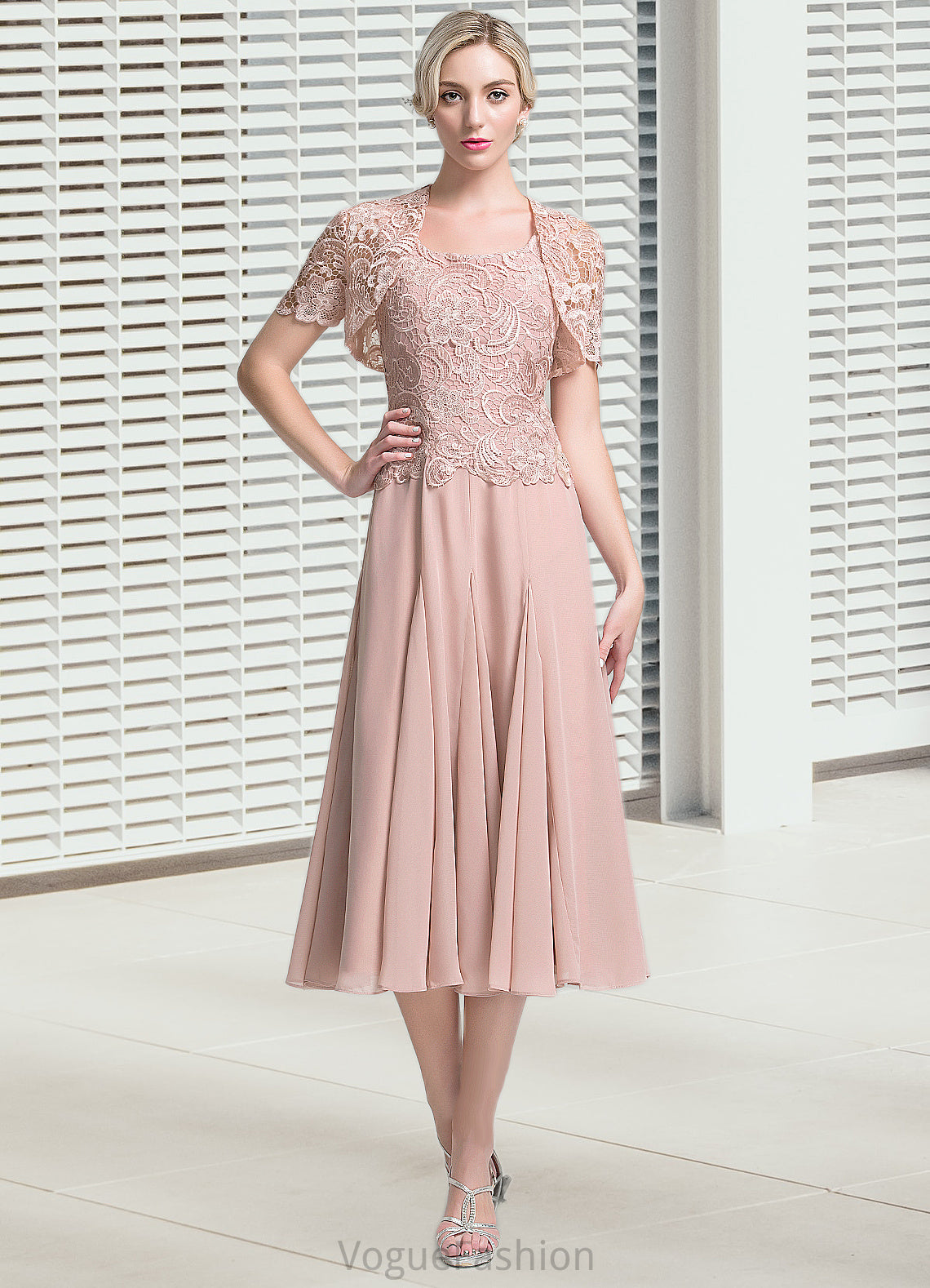 Yoselin A-Line Square Neckline Tea-Length Chiffon Mother of the Bride Dress DK126P0014947