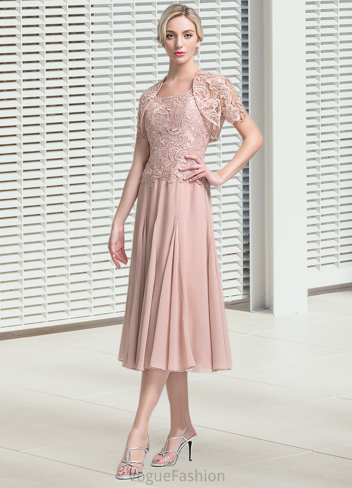 Yoselin A-Line Square Neckline Tea-Length Chiffon Mother of the Bride Dress DK126P0014947